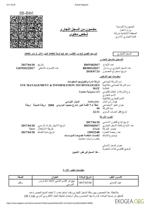 Certificat d'immatriculation de Tunis